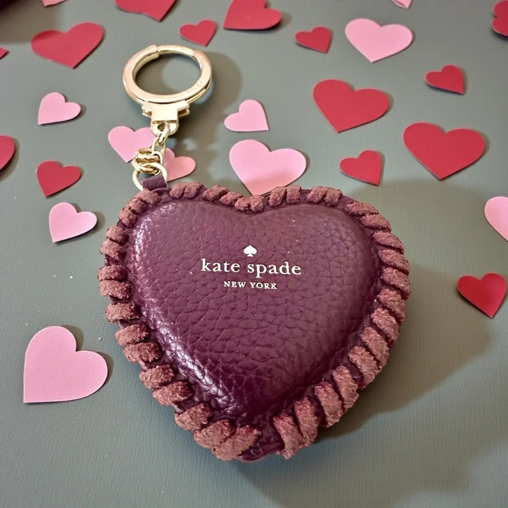 Kate Spade Burgundy Leather Heart Keychain & Bag Charm Accessory W/ Cross Stitch